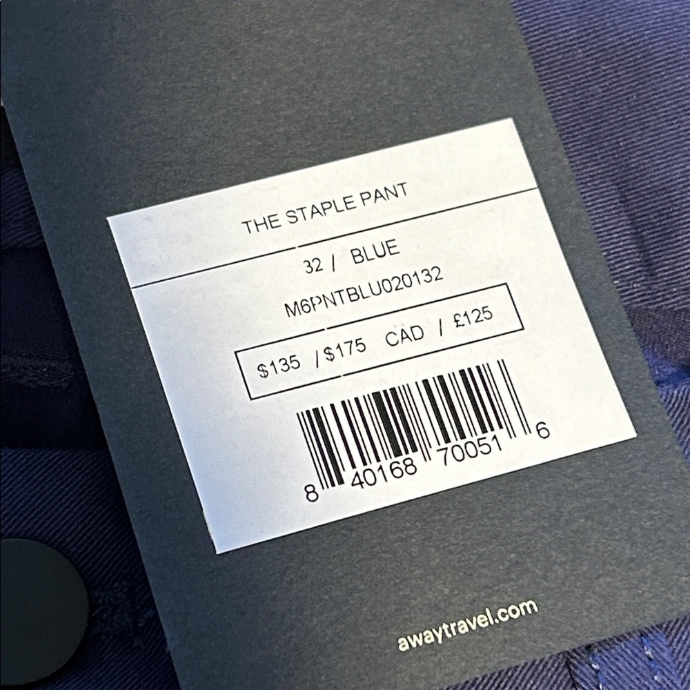 Men’s Away Travel The Staple Pant Straight Leg Commuter Career Chino Blue 32 NWT - Picture 4 of 5